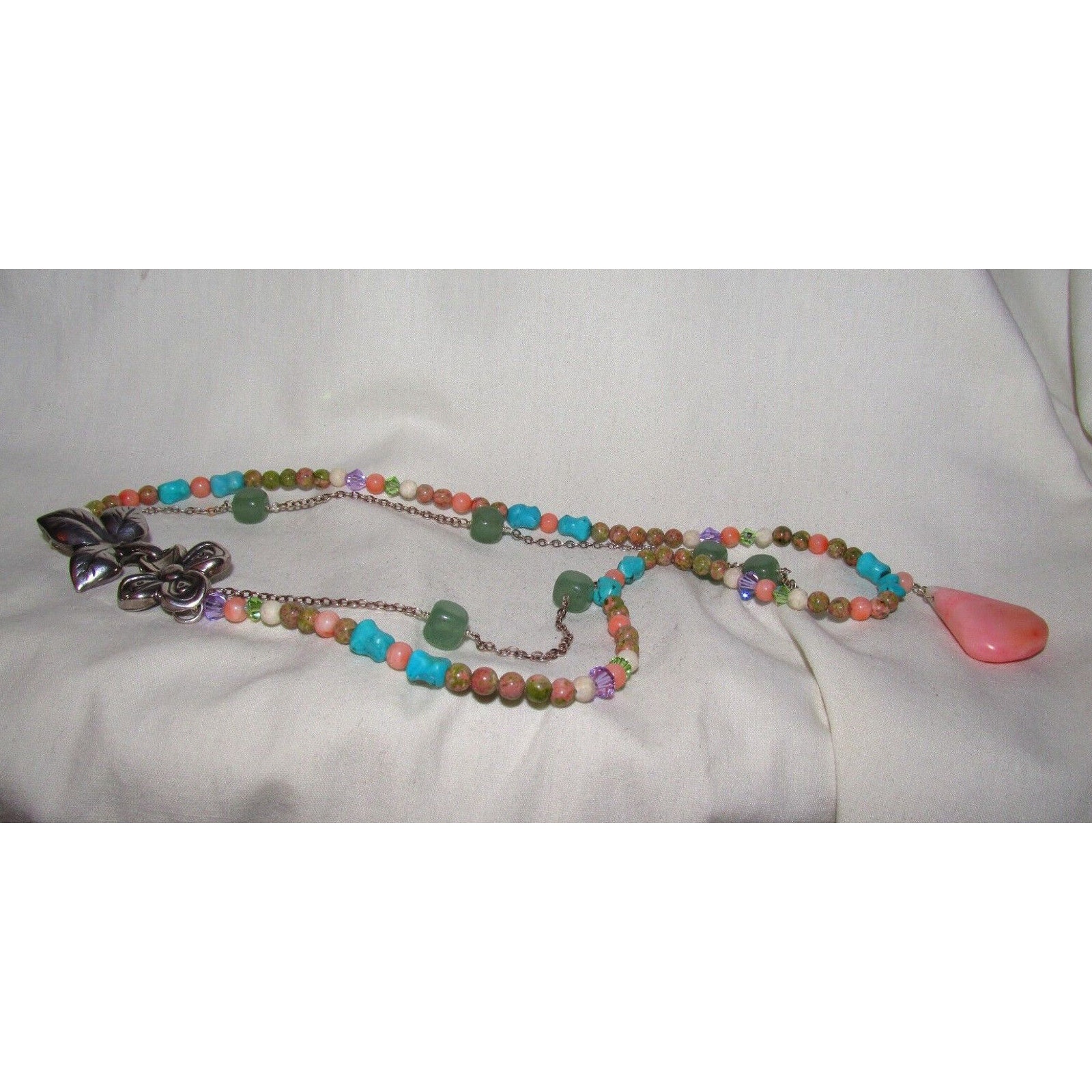 Sterling Silver 925 Floral Natural Multi Gem Conch Aventurine Boho Necklace 15"